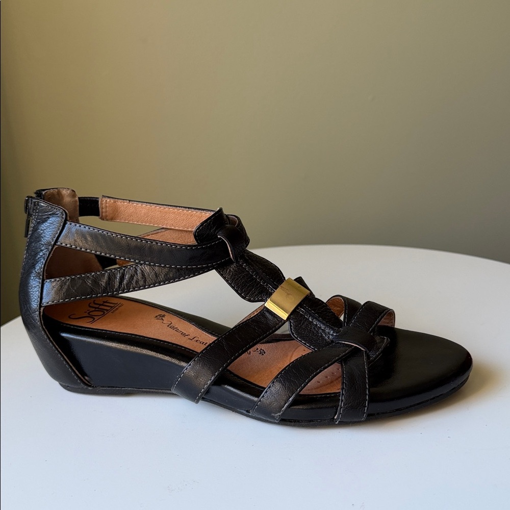 Black Women's Strappy Wedge Sandal with Gold Accent
